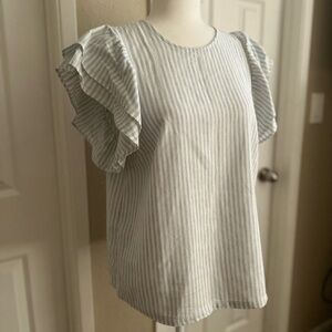 A New Day Stripped Blue/White Ruffled Sleeves Blouse Size: Small